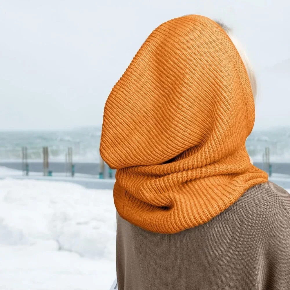 Women Scarf Hat Balaclava Beanie Skull Cap with Drawstring Warm Hat Orange - Picture 4 of 7